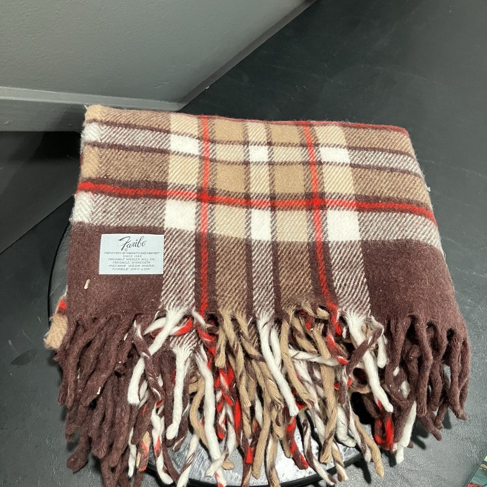 Faribault Woolen Mill Plaid Wool Throw Blanket Brown Red Cream Fringe